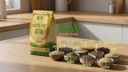 Khalis Made Gluten-Free Superfood Atta | 10-Grain Balanced Blend of Makai, Bajra, Chawal, Quinoa, Moringa, Ispaghol, Chia Seeds, Jowar, Kaaly Channy & Alsi | 100% Wheat-Free | No Additives | Soft Rotis Every Time